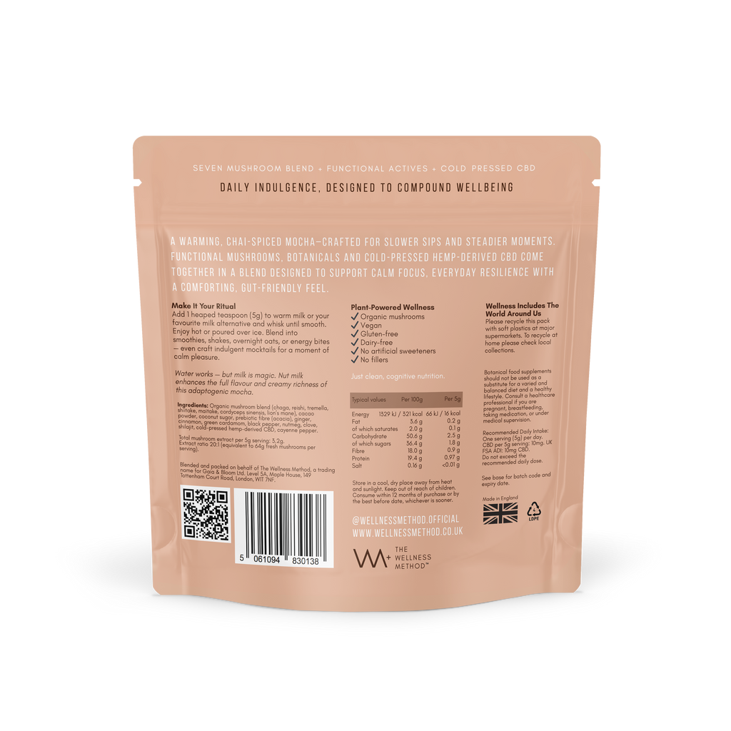 Chai Mocha · Ritual back of pack — masala chai spices (ginger, cinnamon, cardamom, pepper, nutmeg, clove) over Foundation stack, 10mg CBD per cup.