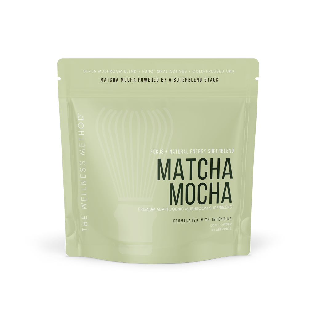 Method Trio — Matcha Mocha · Precision pouch — ceremonial-style matcha cacao mocha with cold-pressed CBD.
