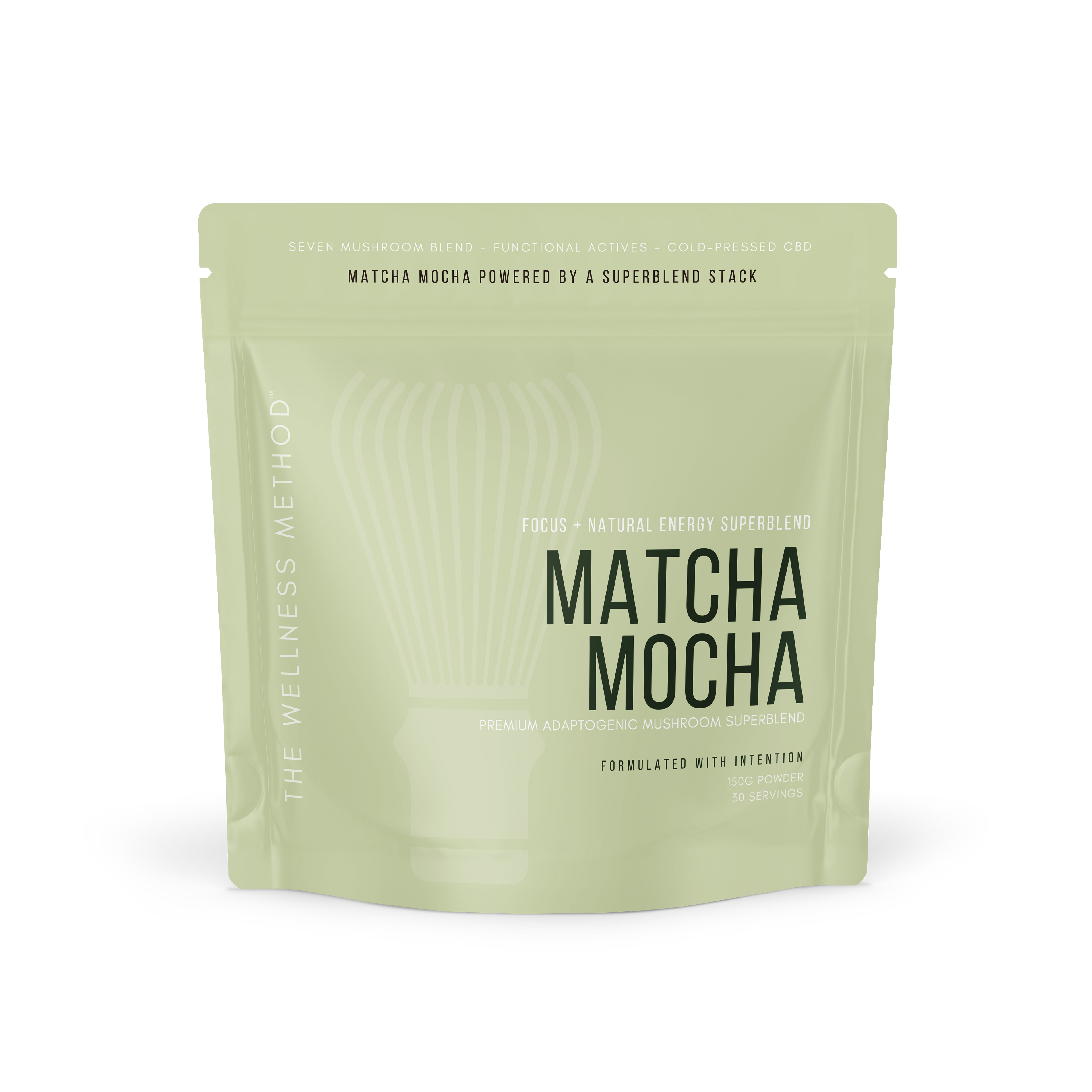 Method Trio — Matcha Mocha · Precision pouch — ceremonial-style matcha cacao mocha with cold-pressed CBD.