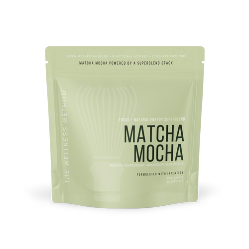 Method Trio — Matcha Mocha · Precision pouch — ceremonial-style matcha cacao mocha with cold-pressed CBD.