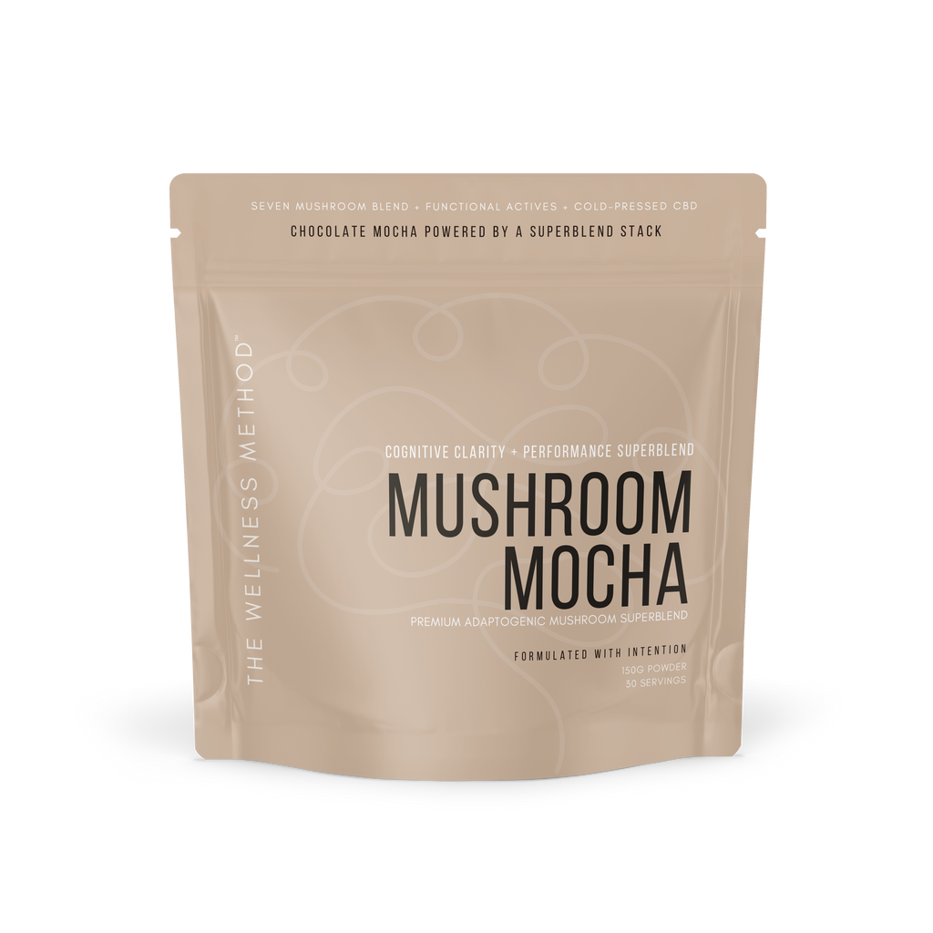 Method Trio — Mushroom Mocha · Foundation pouch — 150g, 30 servings, 10mg cold-pressed CBD, 7 functional mushrooms.