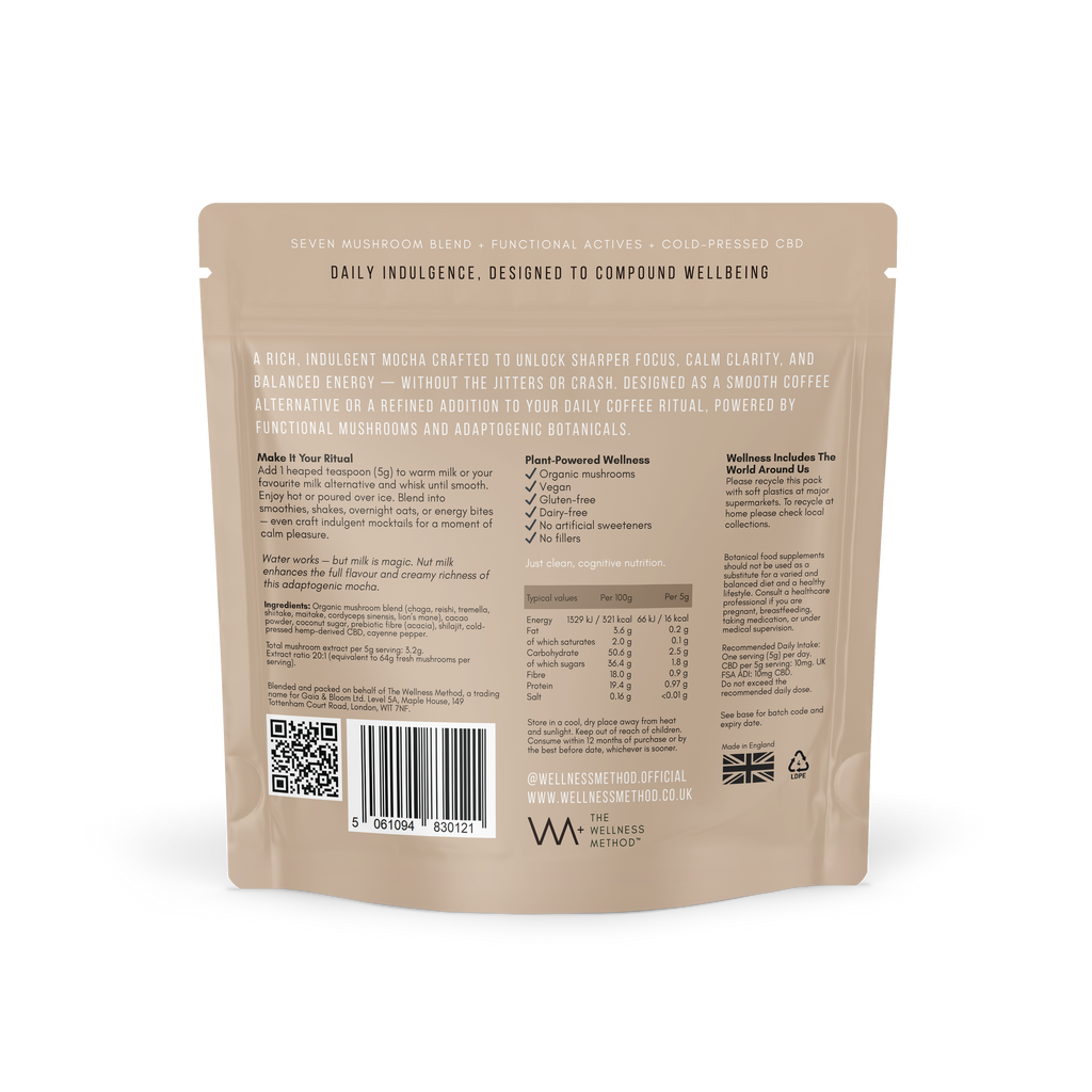 Mushroom Mocha · Foundation back of pack — ingredients list with cold-pressed CBD, seven-mushroom blend, organic cacao, vegan, gluten-free, dairy-free.