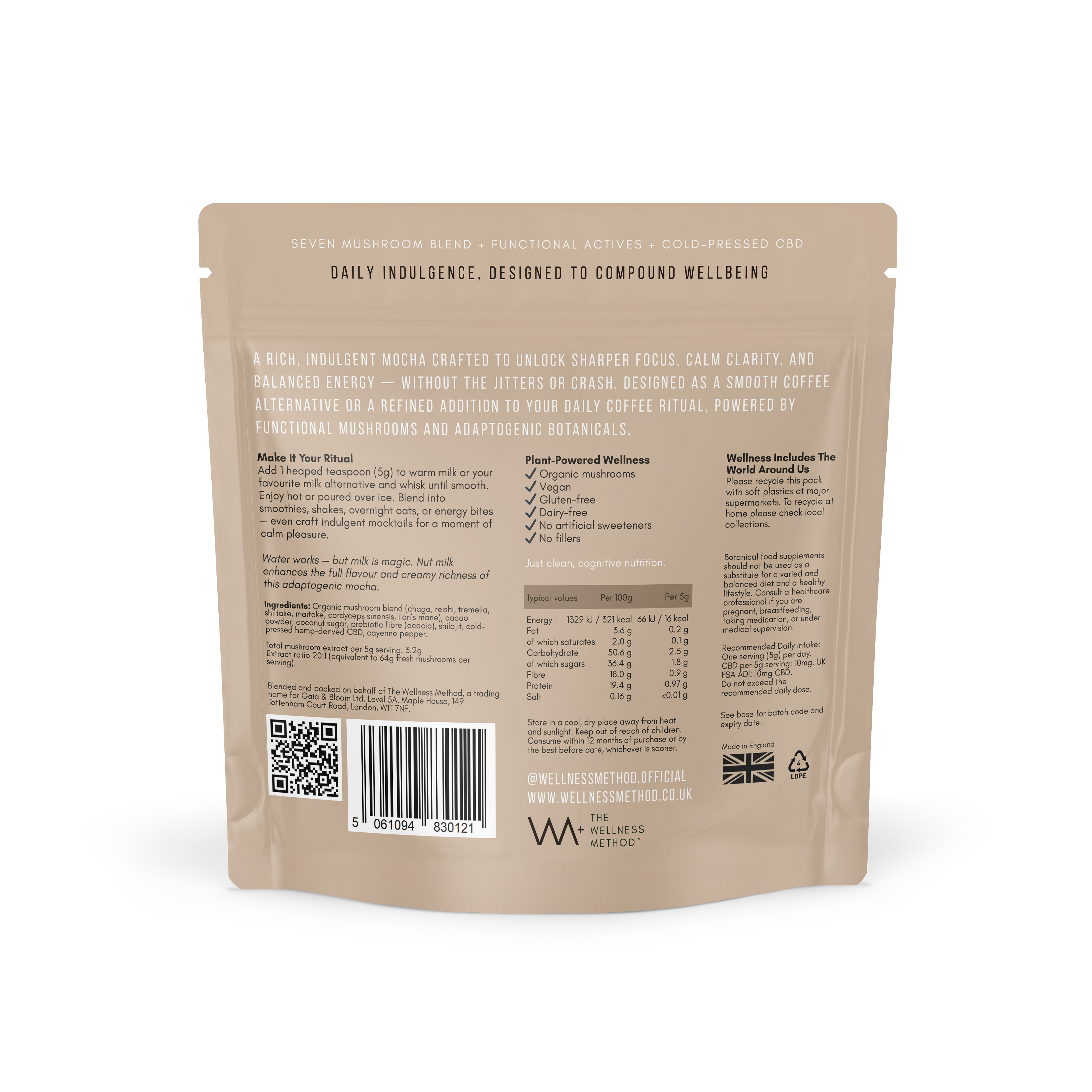 Mushroom Mocha · Foundation back of pack — ingredients list with cold-pressed CBD, seven-mushroom blend, organic cacao, vegan, gluten-free, dairy-free.