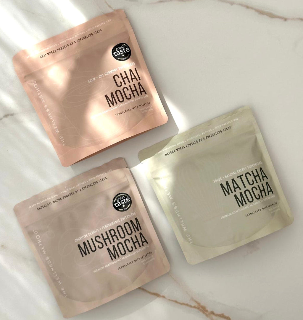 The Wellness Method trio of pouches, Mushroom Mocha, Chai Mocha and Matcha Mocha, with Great Taste 2026 award roundels