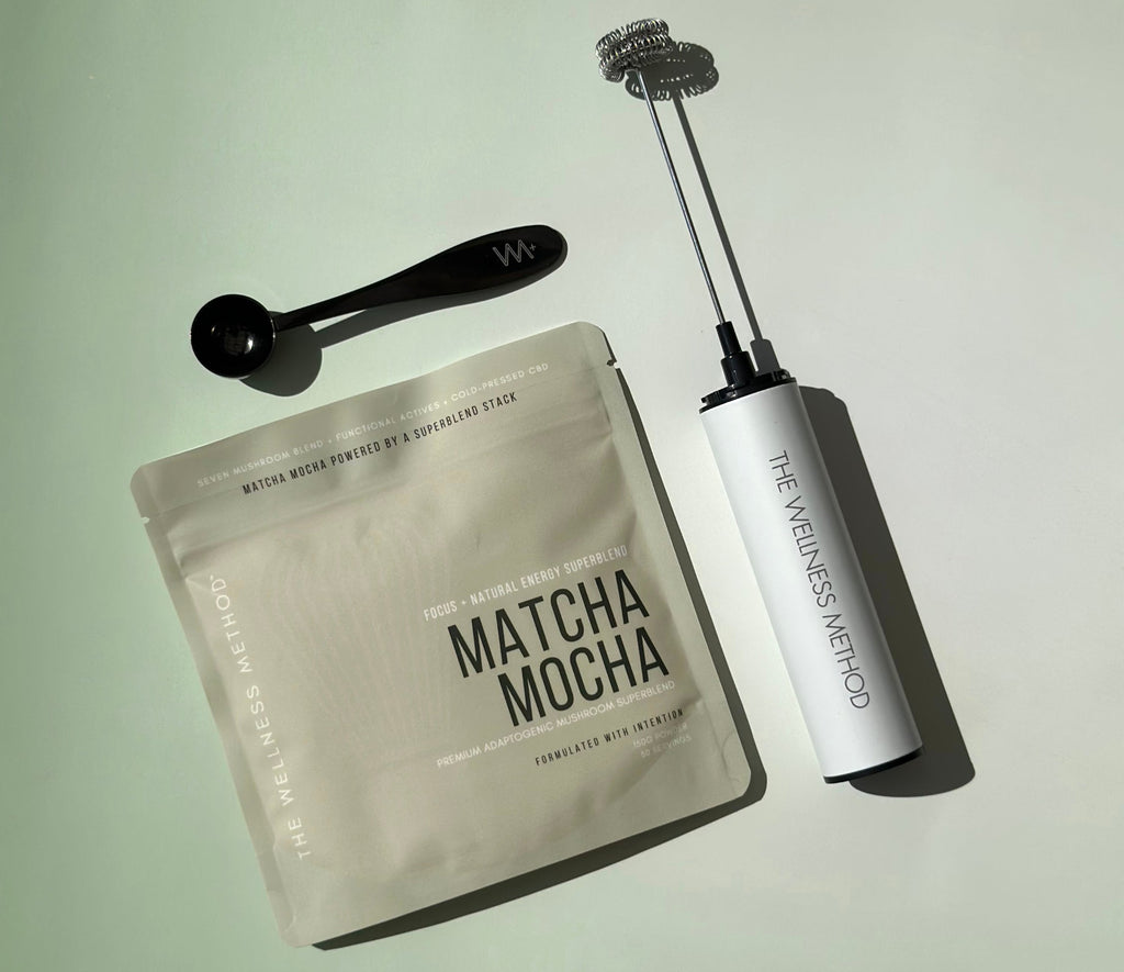 Matcha Mocha Precision pouch with dual milk frother and measuring spoon, The Wellness Method
